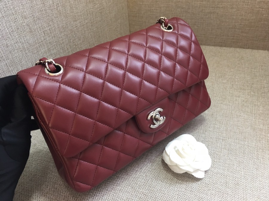 Medium Classic Flap Lambskin Bag AO1112 Dark Red/Silver